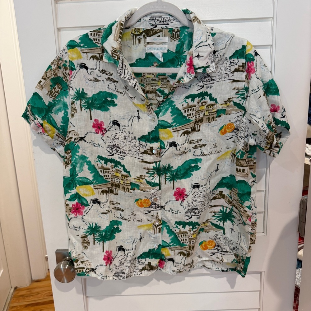 Cynthia Rowley Linen Blouse L Amalfi Italy Coast Shirt Top Vacation Euro Summer